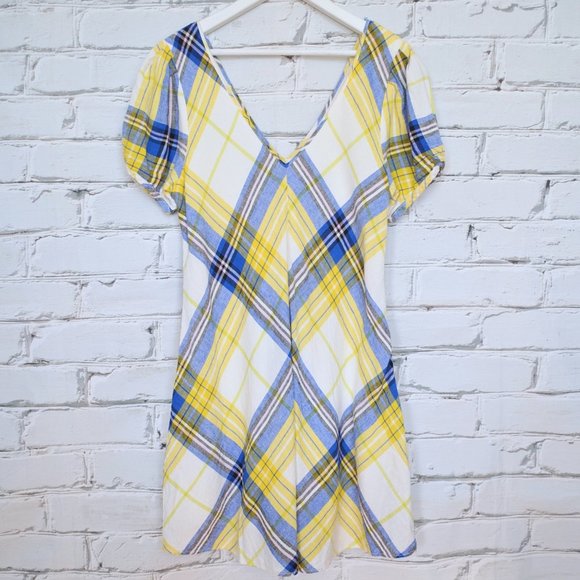 Urban Outfitters Peppa Blue Yellow Plaid Linen Blend Dress - Picture 1 of 6